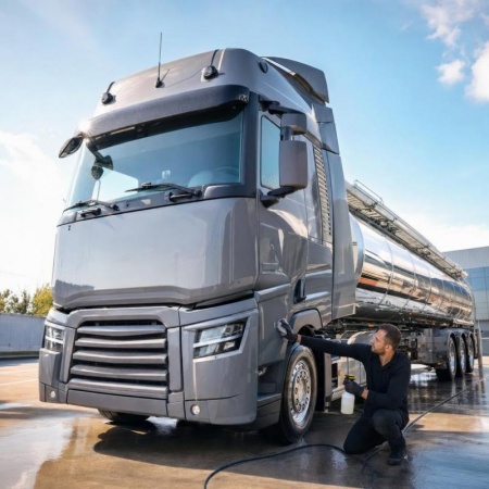 Apr&egrave;s le lavage haute pression, l'application d'une cire de finition prot&egrave;ge la carrosserie du camion